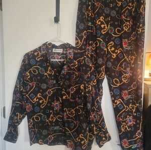Y2K 90s Pant Set Versace Style Chain Print Shoulder Pad Big Button Tapered Pant